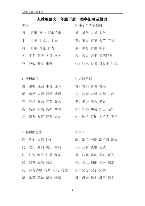 人教版语文一年级下册一类字汇总及组词(8页)