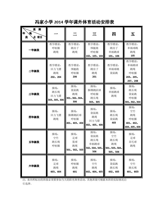 冯家小学2014学年阳光体育活动安排表