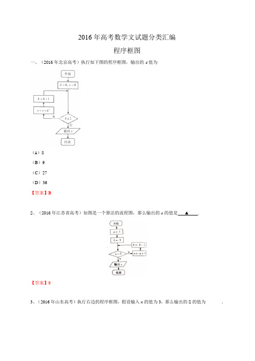 2016年高考数学文试题分类汇编程序框图