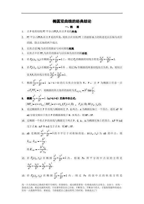 高中数学椭圆双曲线的经典结论