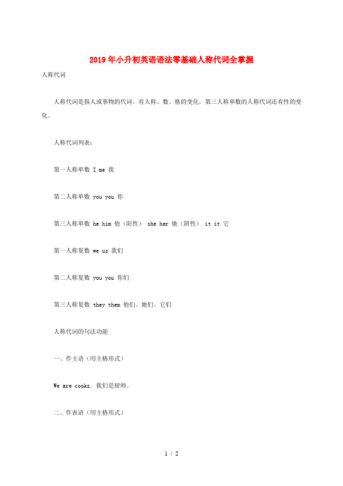 2019年小升初英语语法零基础人称代词全掌握