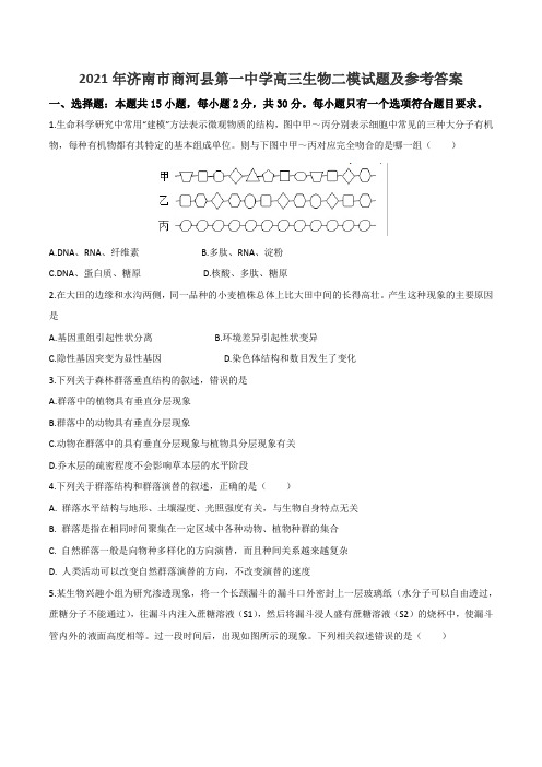 2021年济南市商河县第一中学高三生物二模试题及参考答案