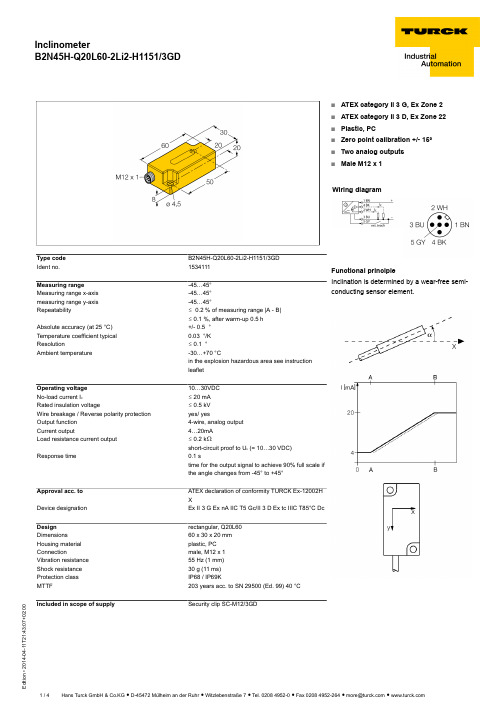 Turck 倾斜传感器 B2N45H-Q20L60-2Li2-H1151 3GD 产品说明书