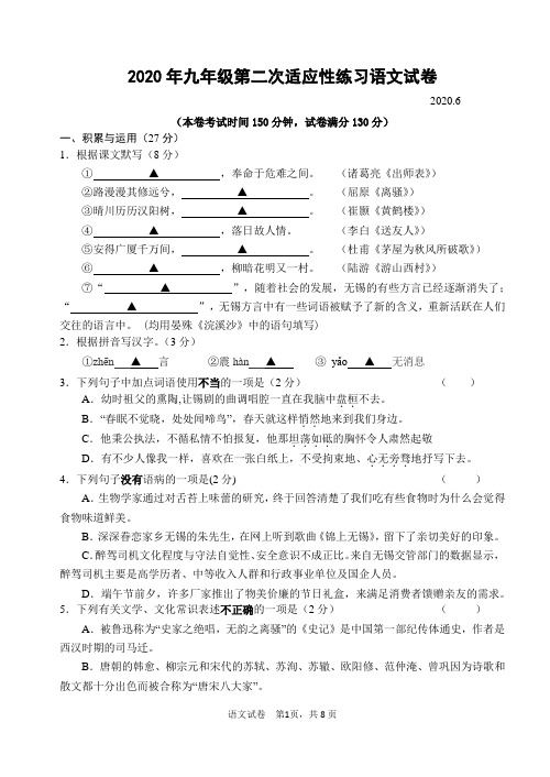 江阴市长泾片2020年初三语文二模试卷(含答案)