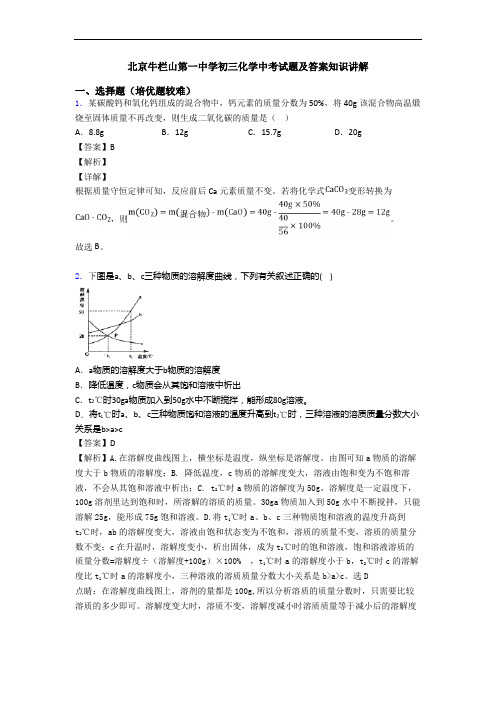 北京牛栏山第一中学初三化学中考试题及答案知识讲解