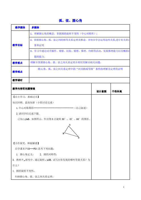 广东诗莞市寮步镇泉塘村九年级数学上册第24章圆24.1.3弧弦圆心角教案新版新人教版