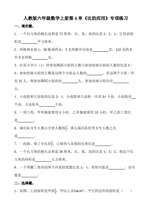 人教版六年级数学上册第4单《比的应用》专项练习