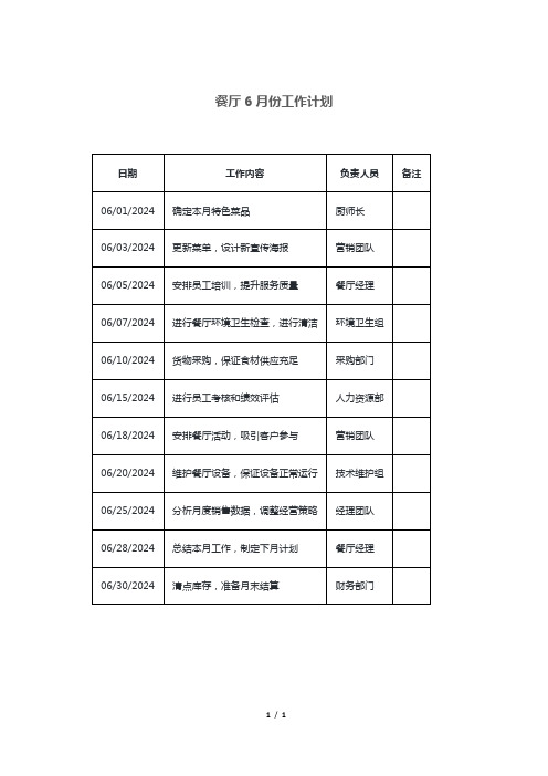 餐厅6月份工作计划