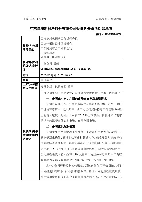 红墙股份：2020年7月9日投资者关系活动记录表