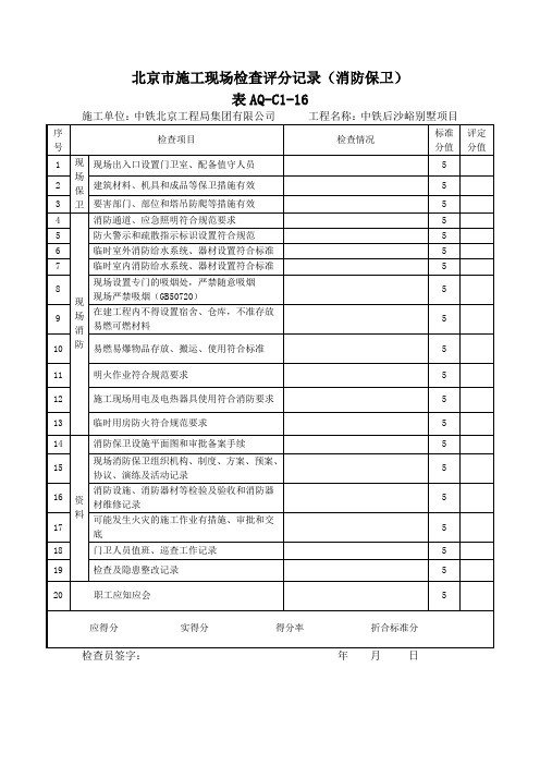 北京市施工现场检查评分记录(消防保卫)