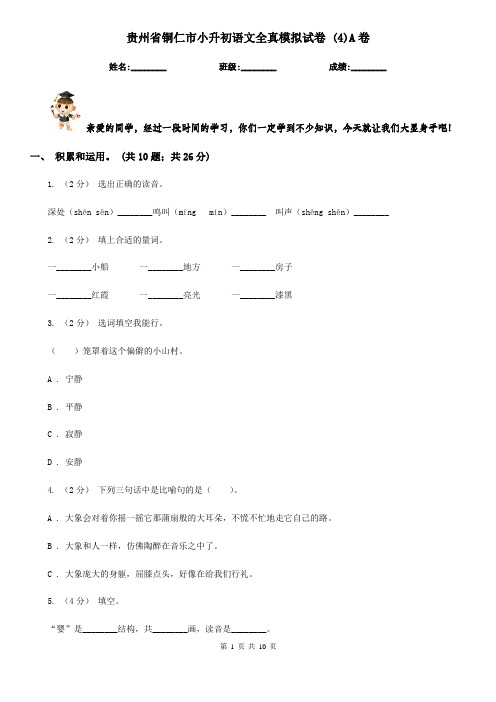 贵州省铜仁市小升初语文全真模拟试卷 (4)A卷