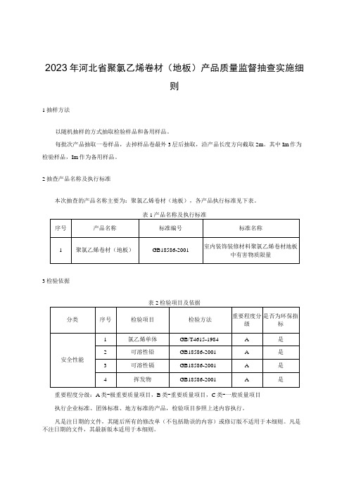 2023年河北省聚氯乙烯卷材地板产品质量监督抽查实施细则