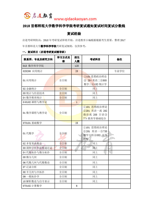 2018首都师范大学数学科学学院考研复试通知复试时间复试分数线复试经验