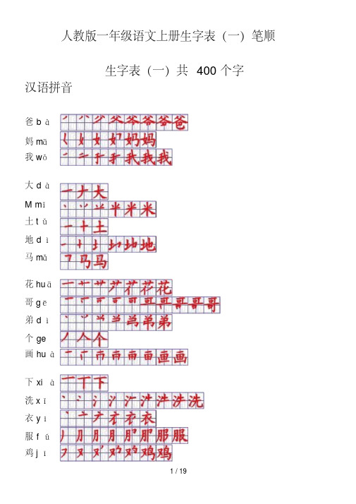 一年级语文上册生字表笔顺表（）格式