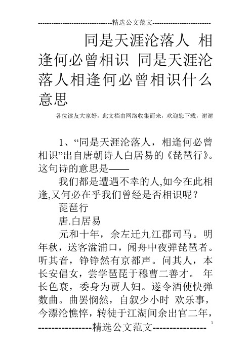 同是天涯沦落人 相逢何必曾相识 同是天涯沦落人相逢何必曾相识什么意思