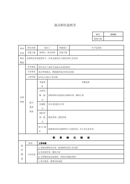 面点职位说明书