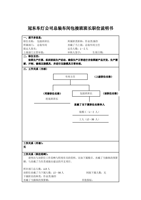 冠东车灯公司总装车间包接班班长职位说明书