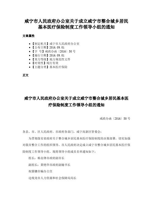 咸宁市人民政府办公室关于成立咸宁市整合城乡居民基本医疗保险制度工作领导小组的通知