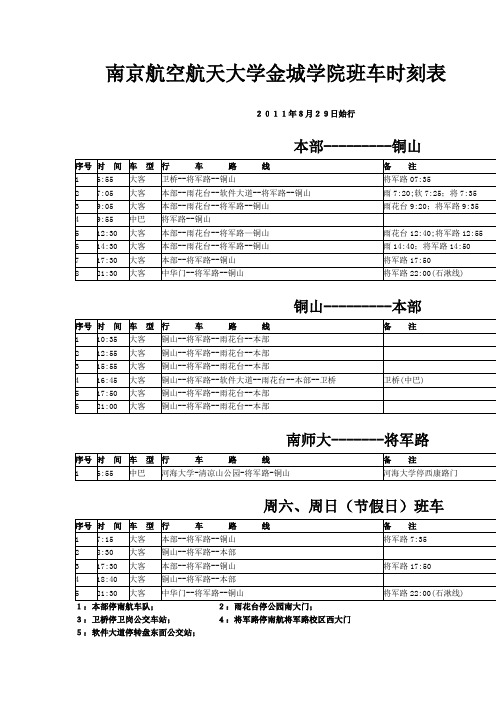 南京航空航天大学金城学院班车时刻表