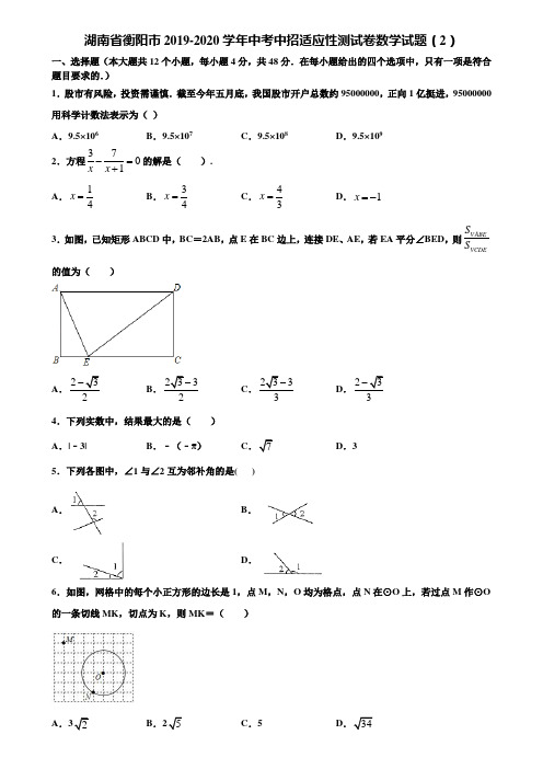 湖南省衡阳市2019-2020学年中考中招适应性测试卷数学试题(2)含解析