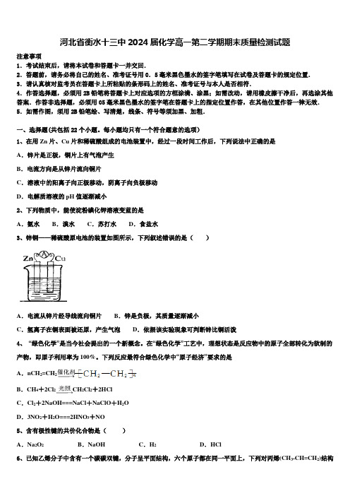 河北省衡水十三中2024届化学高一第二学期期末质量检测试题含解析