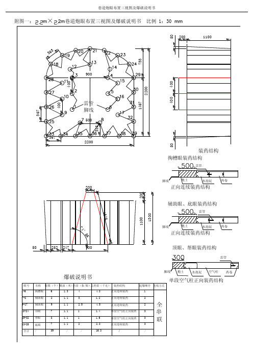 巷道炮眼布置三视图及爆破说明书