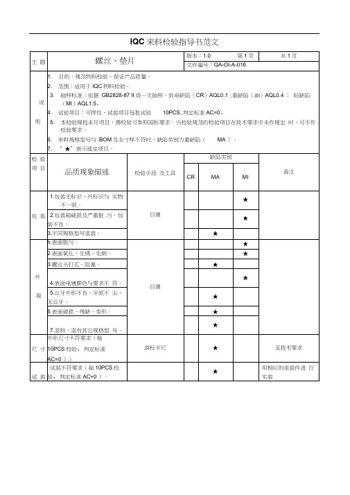 来料检验指导书范文--螺丝垫片