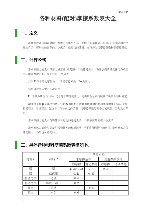 各种材料(配对)摩擦系数表大全