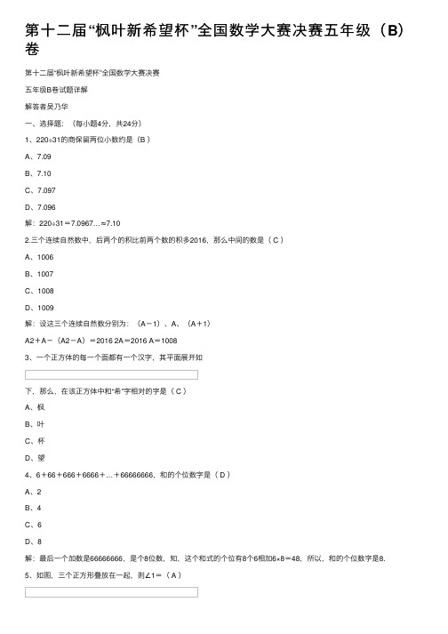 第十二届“枫叶新希望杯”全国数学大赛决赛五年级（B）卷