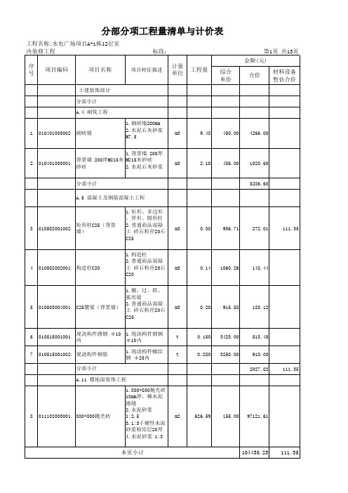 综合单价分析表及清单计价表