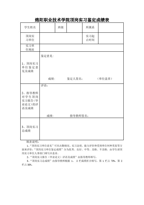 毕业生顶岗实习鉴定成绩表模板