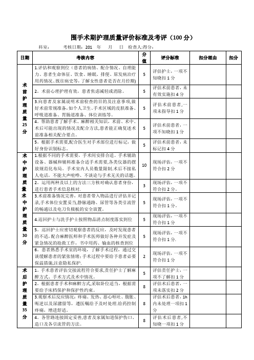 围手术期护理质量考核评分标准