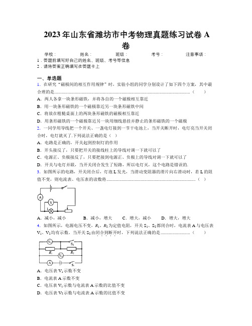 2023年山东省潍坊市中考物理真题练习试卷A卷及解析