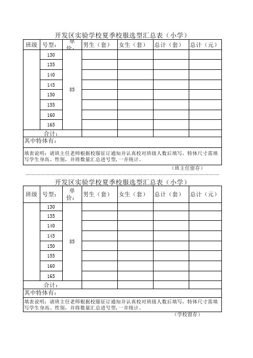 校服选型汇总表(小学夏季)2016年