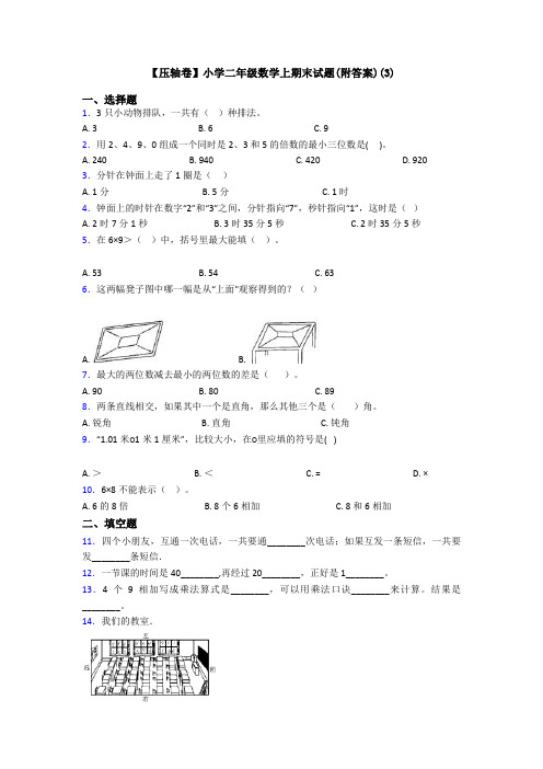 【压轴卷】小学二年级数学上期末试题(附答案)(3)