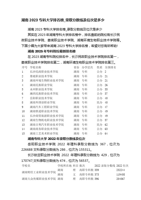 湖南2023专科大学排名榜_录取分数线及位次是多少