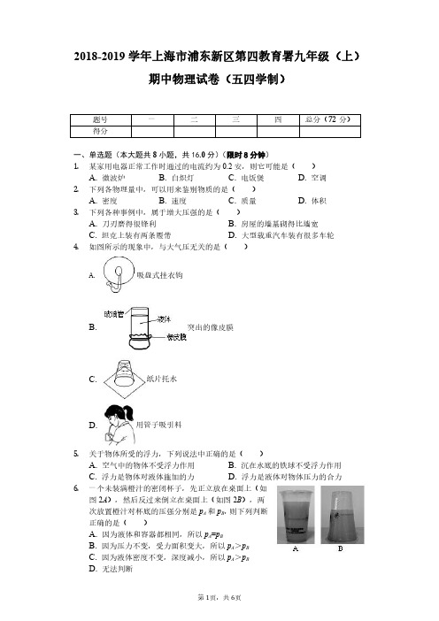 2018-2019学年上海市浦东新区第四教育署九年级(上)期中物理试卷(五四学制)-