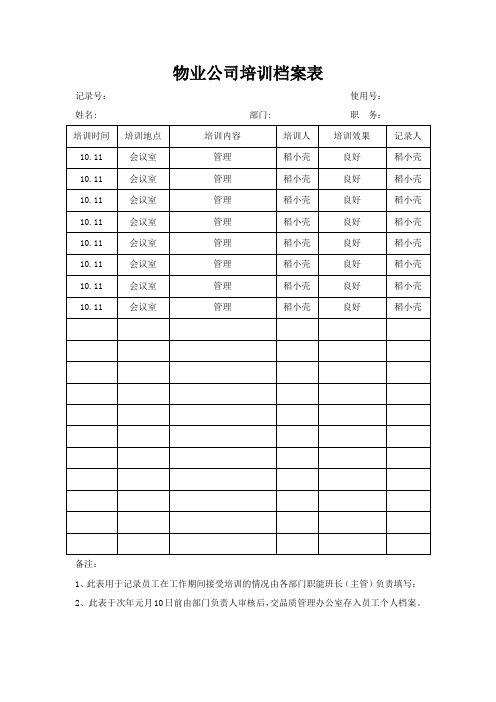 公司培训档案表