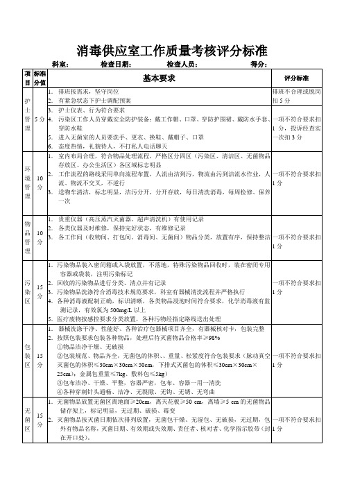 消毒供应室工作质量考核评分标准