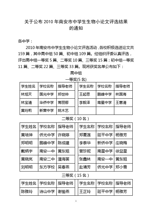 关于公布2010年南安市中学生生物小论文评选结果的通知