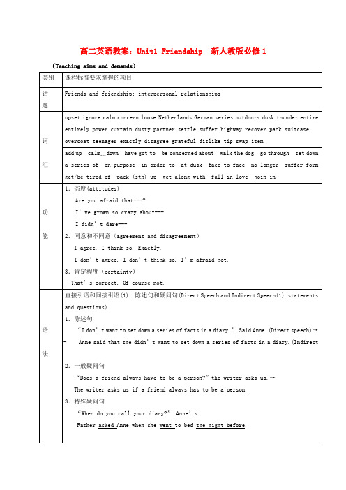 高中英语 Unit1 Friendship教案 新人教版必修1