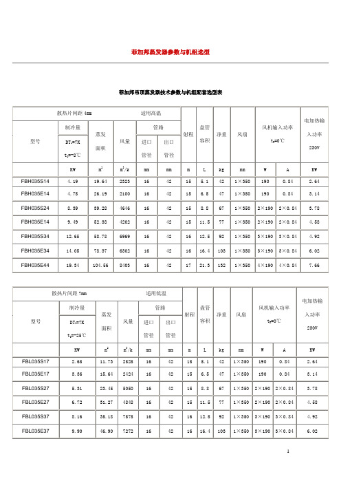 菲加邦蒸发器参数与机组选型