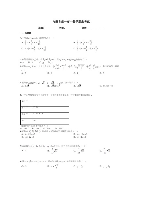 内蒙古高一高中数学期末考试带答案解析
