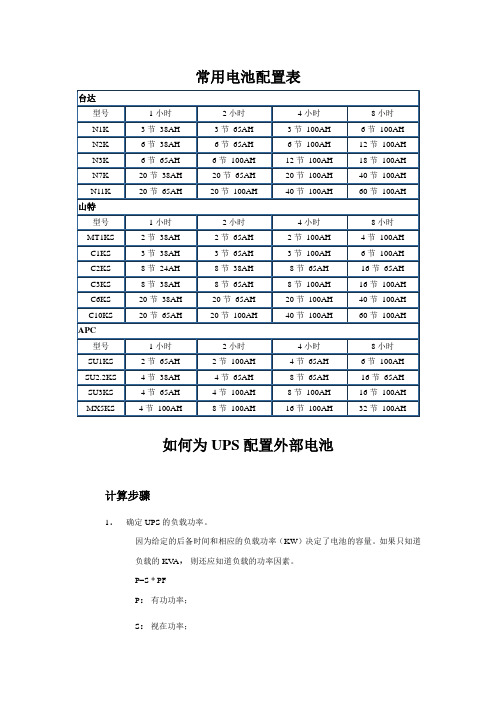 常用UPS电池配置表