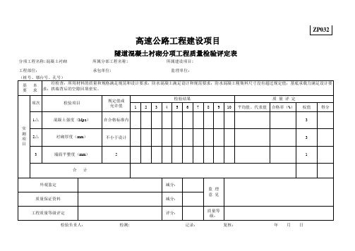 ZP032隧道混凝土衬砌分项工程质量检验评定表