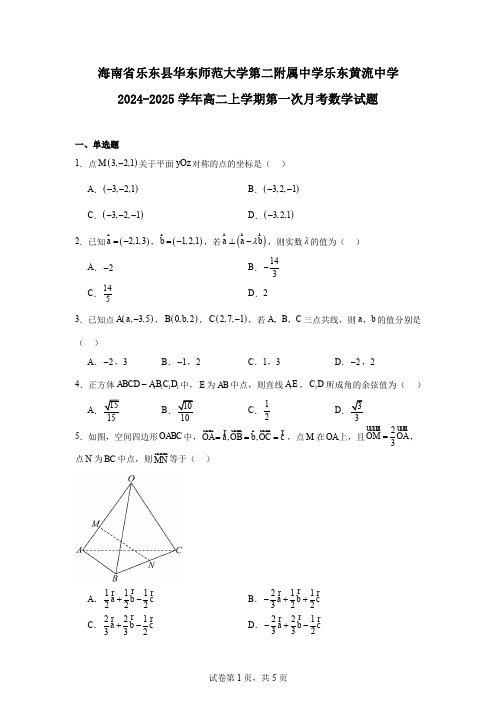 海南省乐东县华东师范大学第二附属中学乐东黄流中学2024-2025学年高二上学期第一次月考数学试题