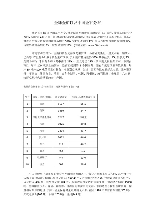 全球金矿资源分布报告