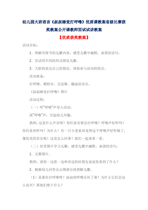 幼儿园大班语言《叔叔睡觉打呼噜》优质课教案省级比赛获奖教案公开课教师面试试讲教案