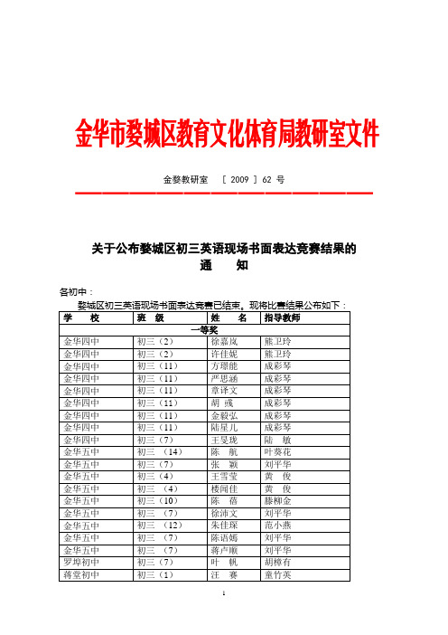 关于公布婺城区初三英语现场书面表达竞赛结果的通知