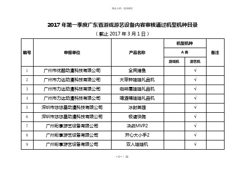 年第一季度广东省游戏游艺设备内容审核通过机型机种目